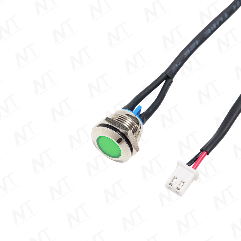 Interruptor metálico verde plano de 16 mm con luz indicadora — arnés de cable terminal XH2.54-2P